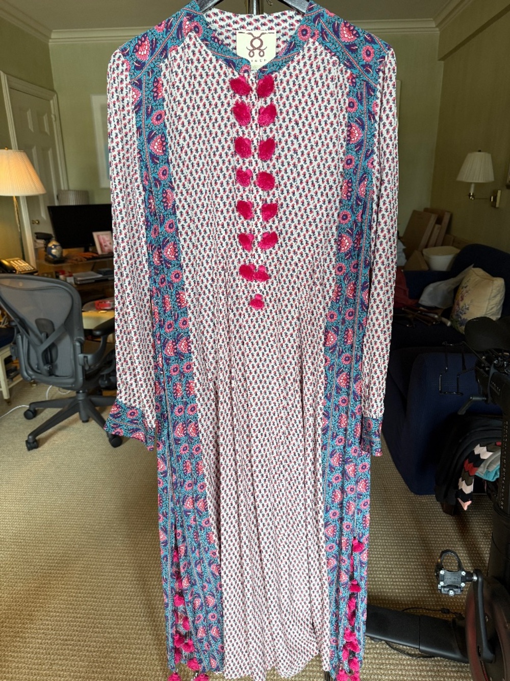 FIGUE Tassel Trim Printed Cotton Caftan Dress | Bohemian Resortwear | Size Large